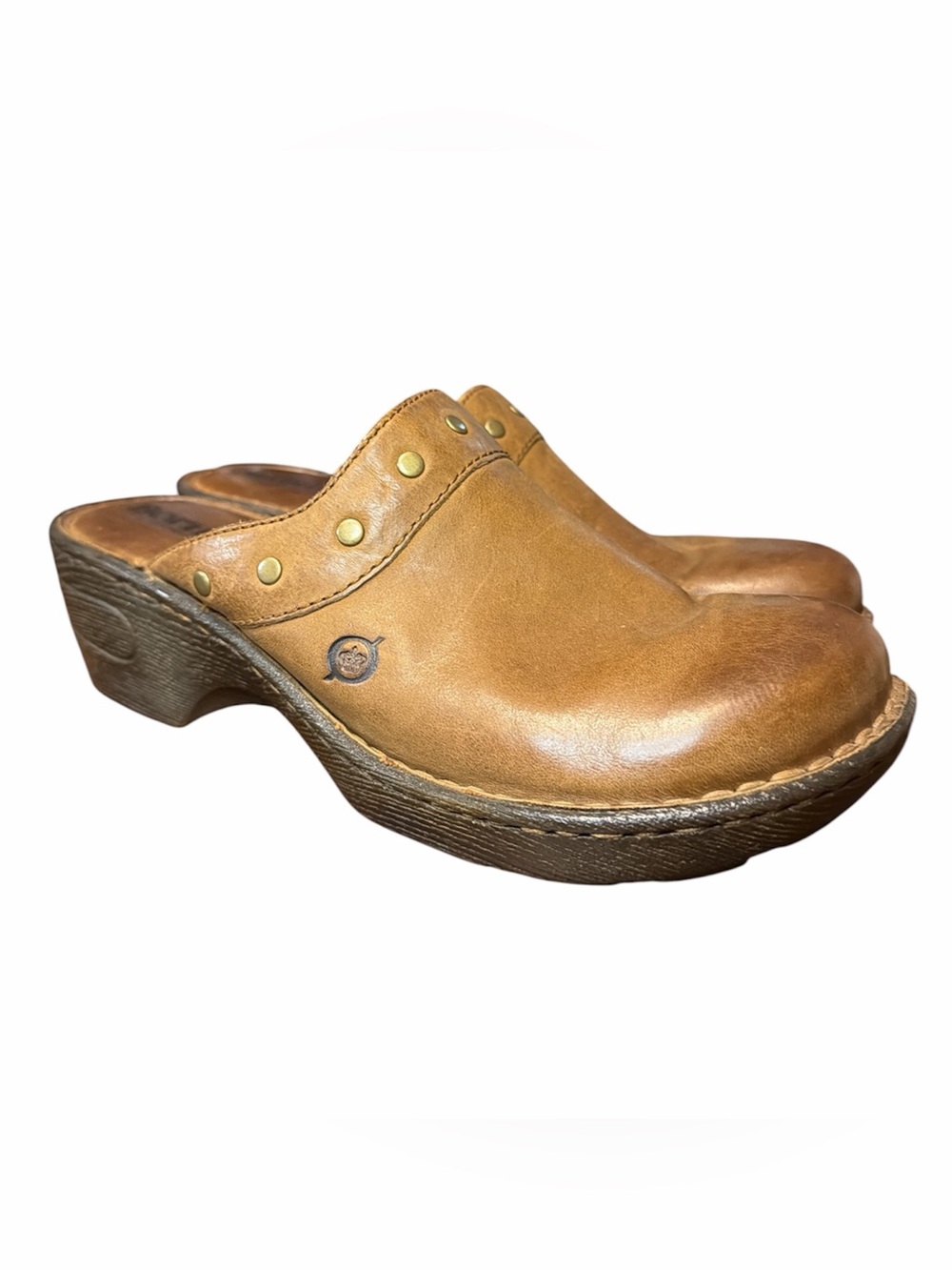 Born Tan Leather Studded Clog Mules